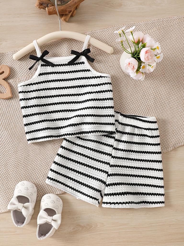 Black White Stripe Bow Cami Top & Shorts Girls 2 Piece Outfit Set