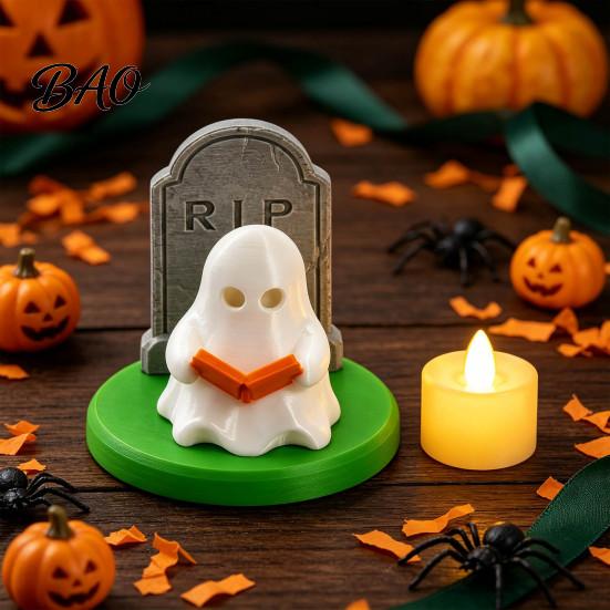 Gift for Halloween Lovers Ghost Reading Table Lamp, 3D Printed Light Up And Tombstone Decorative with Book Figurine, Spooky Night Home Desk