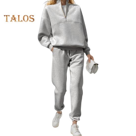2 Pcs/Set Women Top Pants Set Half Zipper High Collar Long Sleeve Thickened Sweatshirt Stretchy Waist Ankle-banded Trousers Sport Fitness Tracksuit