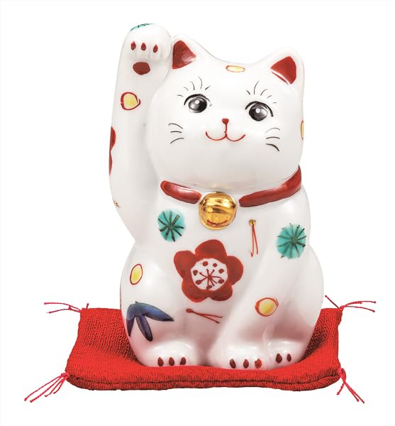 Kutani Ware Iwataya with and Plum Blossoms 3.5-inch Maneki-neko (Lucky Cat) Pine, Bamboo, (with Futon) K9-1530