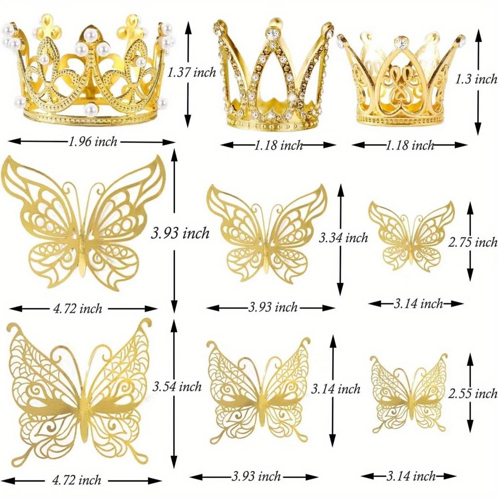 9 шт. Топпер для торта в виде короны Мини-тиара с 3D-украшением в виде бабочки Винтажный жемчужный стразовый топпер для торта в виде короны Топпер для кекса Украшение для торта
