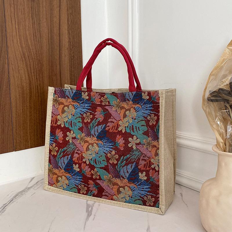 Женская сумка в этническом стиле с ретро-текстурой и цветочным принтом, сумка через плечо, холщовая сумка, льняная сумка-тоут, повседневная сумка