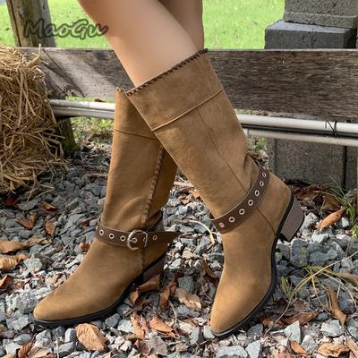 Модная пряжка ремня Высокий каблук Западные полусапоги Женские 2025 Осень Зима Замшевые Винтажные Рыцарские сапоги Размер 35-42 Bottes Femmes Черный