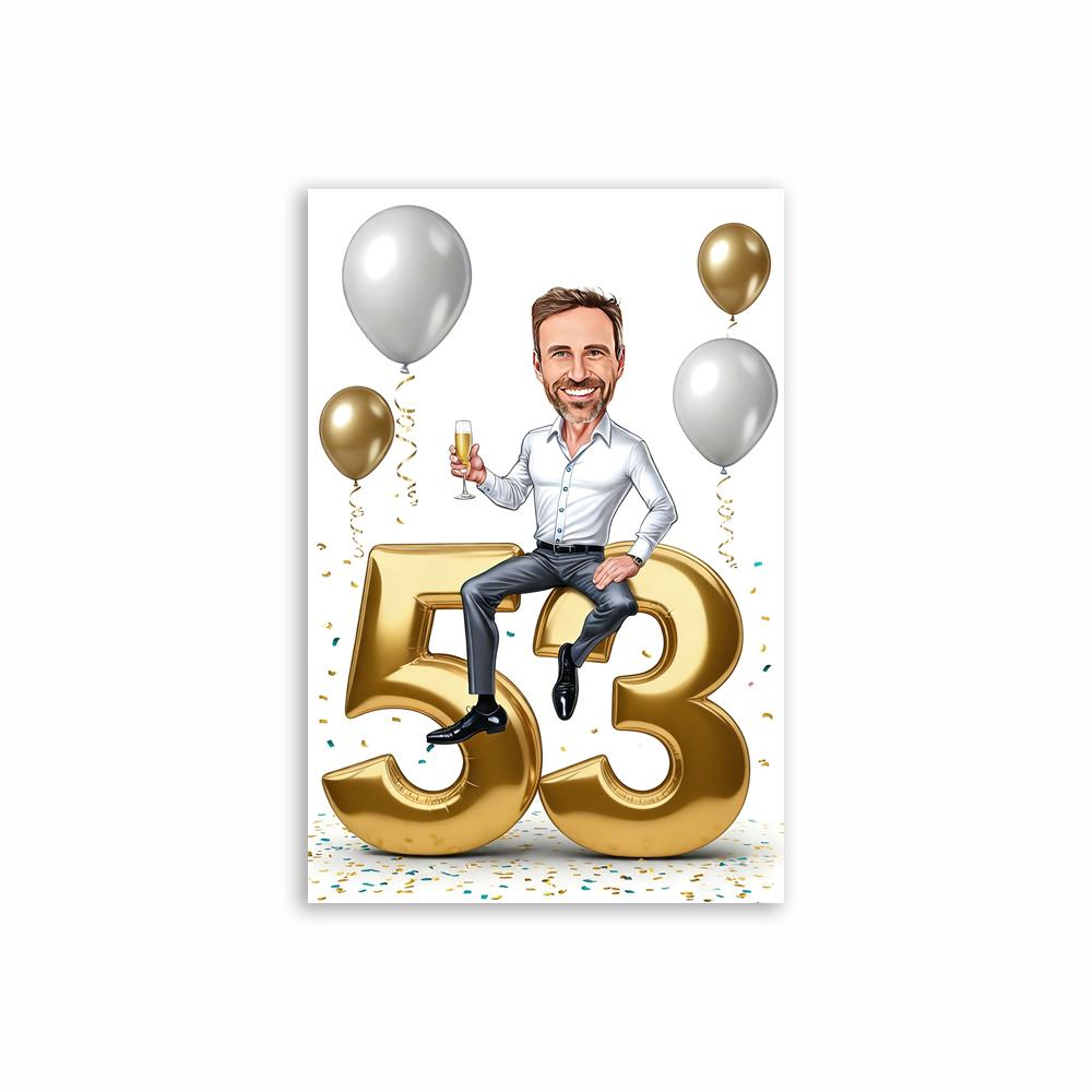 Personalized 50th Man Cartoon Portrait Poster Golden Number Caricature Prints Canvas Painting Birthday Funny Gift Wall Art Decor