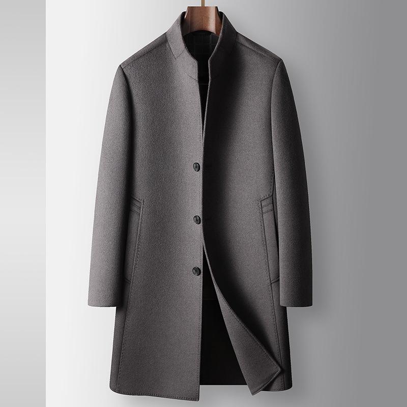 Мужское шерстяное пальто осенне-зимнее длинное с воротником-стойкой, с отстегивающимся белым гусиным пухом, для среднего и молодого возраста, двухсторонний твидовый тренчкот