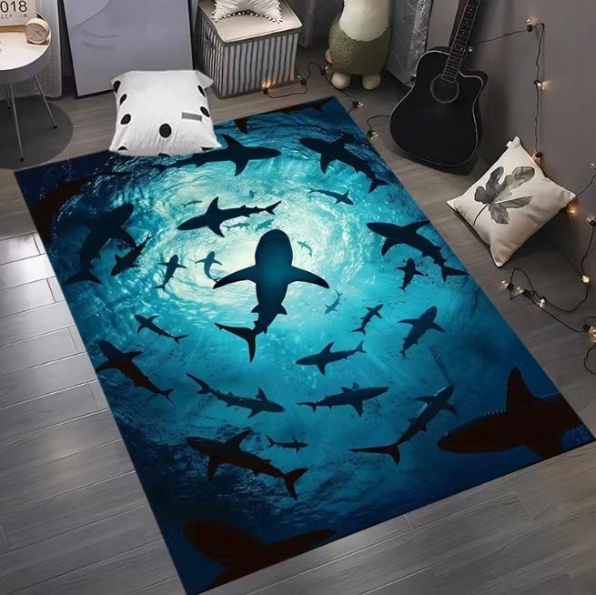 Funny Shark Pizza Rug Playful Cartoon Ocean Carpet for Teen Room Living Room Bedroom Home Decoration Carpet