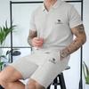 2024 Summer New Embroidered Men's Waffle V-neck Short Sleeved Shorts Two Piece Set with Polo Collar