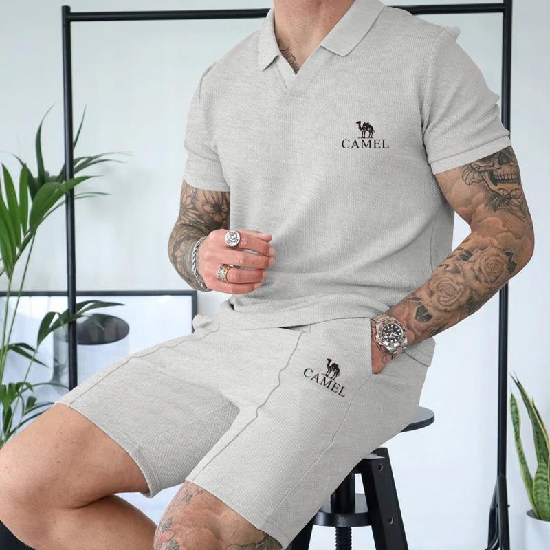 2024 Summer New Embroidered Men's Waffle V-neck Short Sleeved Shorts Two Piece Set with Polo Collar