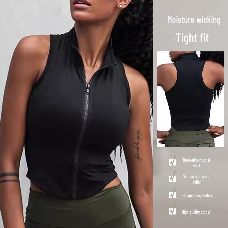 Женский жилет для йоги без рукавов на молнии в европейском и американском стиле — модный воротник-стойка для бега, фитнеса, танцев и других видов спорта.