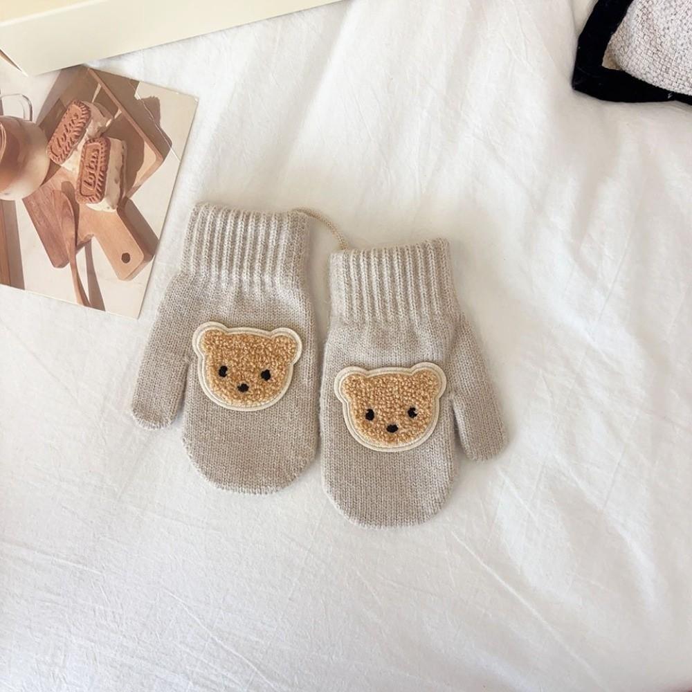 With Ropes Cartoon Bear Gloves Solid Color Full Finger Gloves Cute Knitted Mittens Winter Season