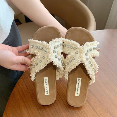 2024 Новые летние новые сандалии со стразами для женщин, одежда для отдыха, модная пляжная обувь на плоской подошве в корейском стиле для женщин