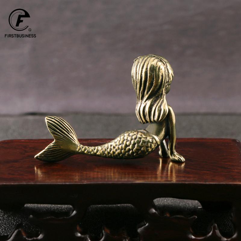 Retro Brass Beautiful Mermaid Princess Figurines Miniatures Desktop Ornament Home Decorations Crafts Accessories Children Gifts