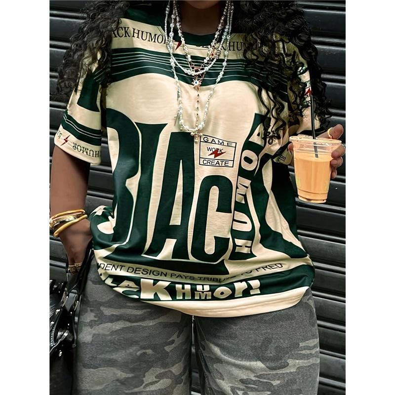 Большая американская ретро ЧЕРНАЯ футболка с принтом, короткий рукав, для женского уличного стиля, свободная и стройнящая, контрастный топ с половиной рукава