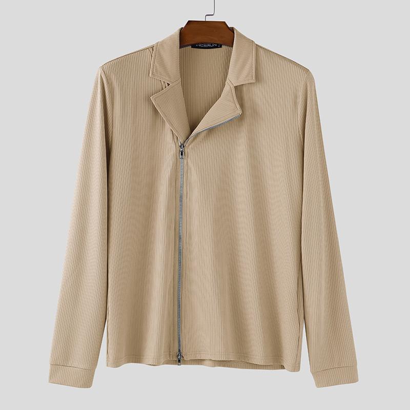 INCERUN Men Lapel Neck Long Sleeve Side Zip-up Casual Fitted Rib Pullovers Undershirts