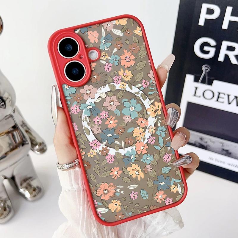 Магнитный чехол с узором из оранжевого цветка для iPhone 16 Pro 15 14 Plus 13 12 Pro Max 11, ударопрочный, прозрачный, с мягкими краями, акриловый, жесткий, защитный чехол для линз