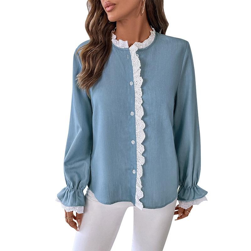 Women Spring Autumn Ruffles Lantern Sleeve Lacework Solid Color Elegant Shirt Top