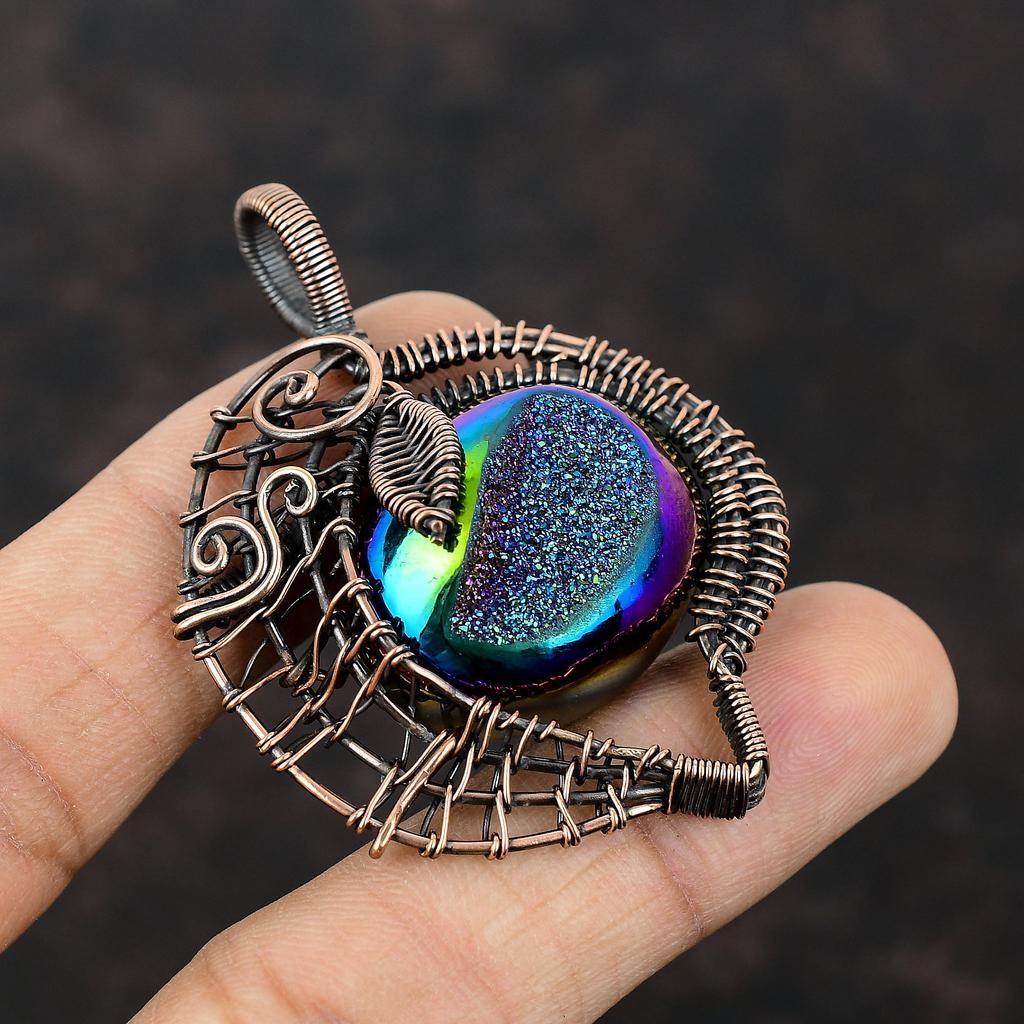 Titanium Druzy Pendant Copper Wire Wrapped Pendant Original Gemstone Pendant Copper Jewelry Handmade Boho Pendant Wire Jewelry Gift For Her