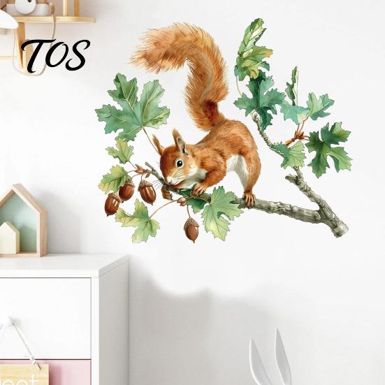 Soft Watercolor Illustration Decals Squirrel Wall Sticker, Cute Tree Branch Decal, Stickers Forest Animal Mural Art for Living Room, Bedroom, Nursery