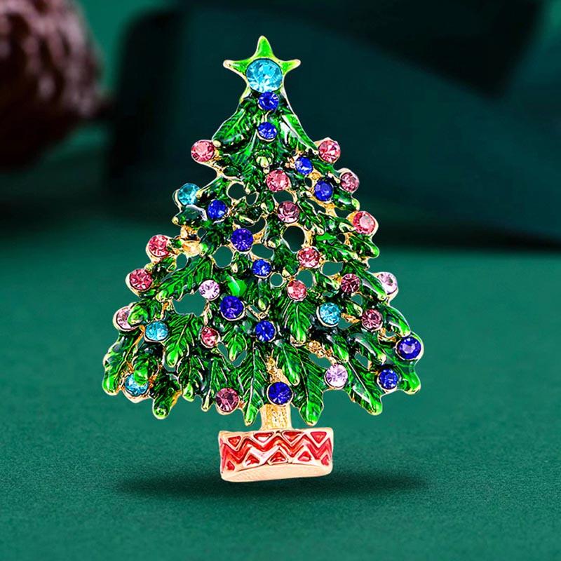 1PC Red Brooches Lapel Pin Corsage Christmas Tree Imitation Rhinestone Trend Enamel Jewelry