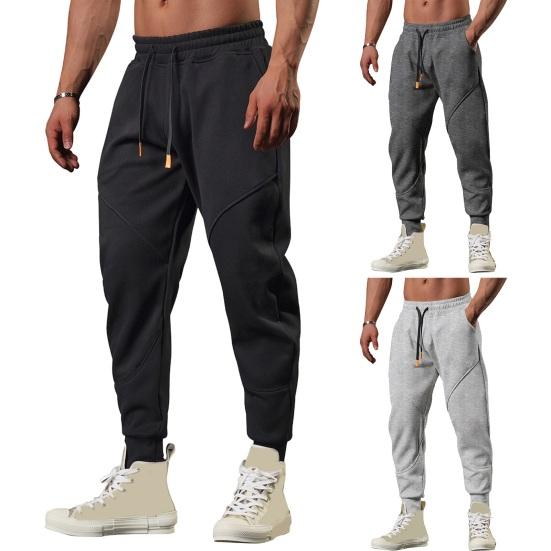 Spring Fall Men Pants Loose Drawstring Elastic Waist Pockets Ankle-banded Solid Color Patchwork