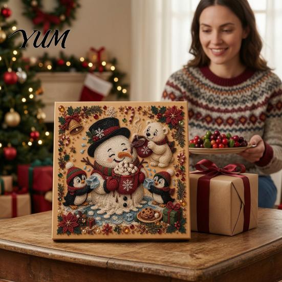 DIY Decorative Wall Ornaments Christmas Faux Pearl Art Kit, Rhinestone Painting 8" x 8", Cartoon Kits for Kids Snowman Animal Diamond Craft