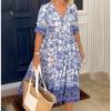 Tie Dye Floral Printed Loose Women Dress Summer Short Sleeve V Neck Elegant Women Dresses Casual Fashion Vintage Plus Size Female Long Dress 1091
