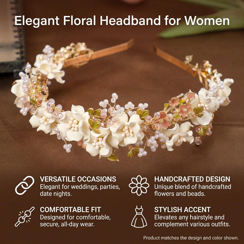 Flower Headband Elegant Alloy Hair Accessory for Women Wedding Party Daily Use