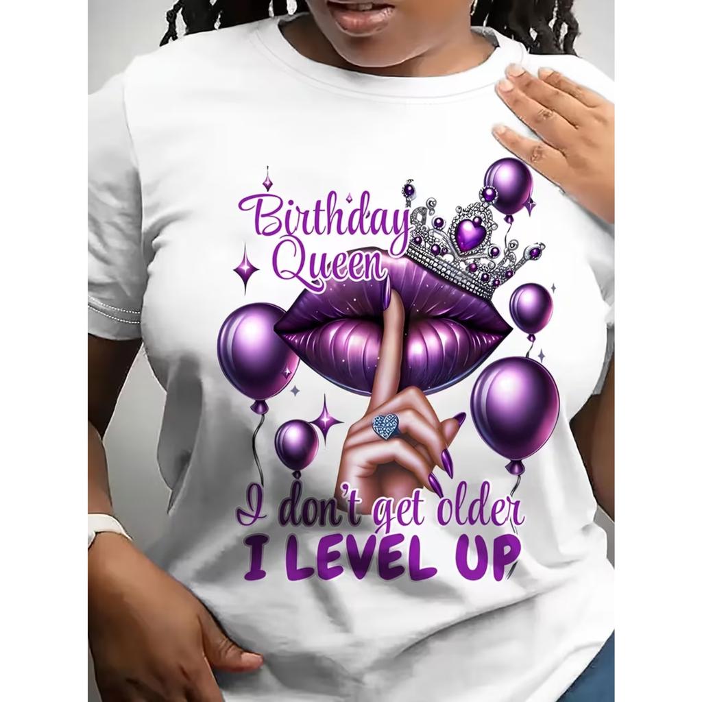 Женская футболка с принтом 'Королева Дня Рождения', короткий рукав, круглый вырез - Повседневная полупрозрачная блузка, подходит для вечеринок и повседневной носки