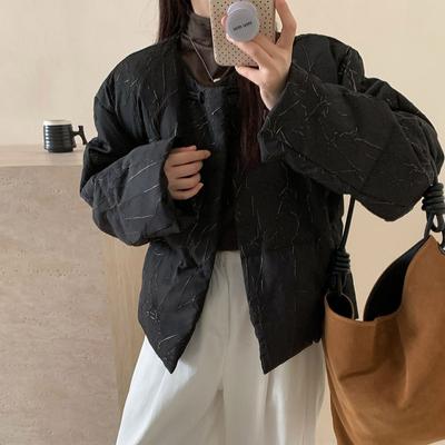 Новый пуховик в китайском стиле женский короткий 2025 новый ретро бамбуковый цветок круглый вырез застежка белый утиный пух повседневная куртка