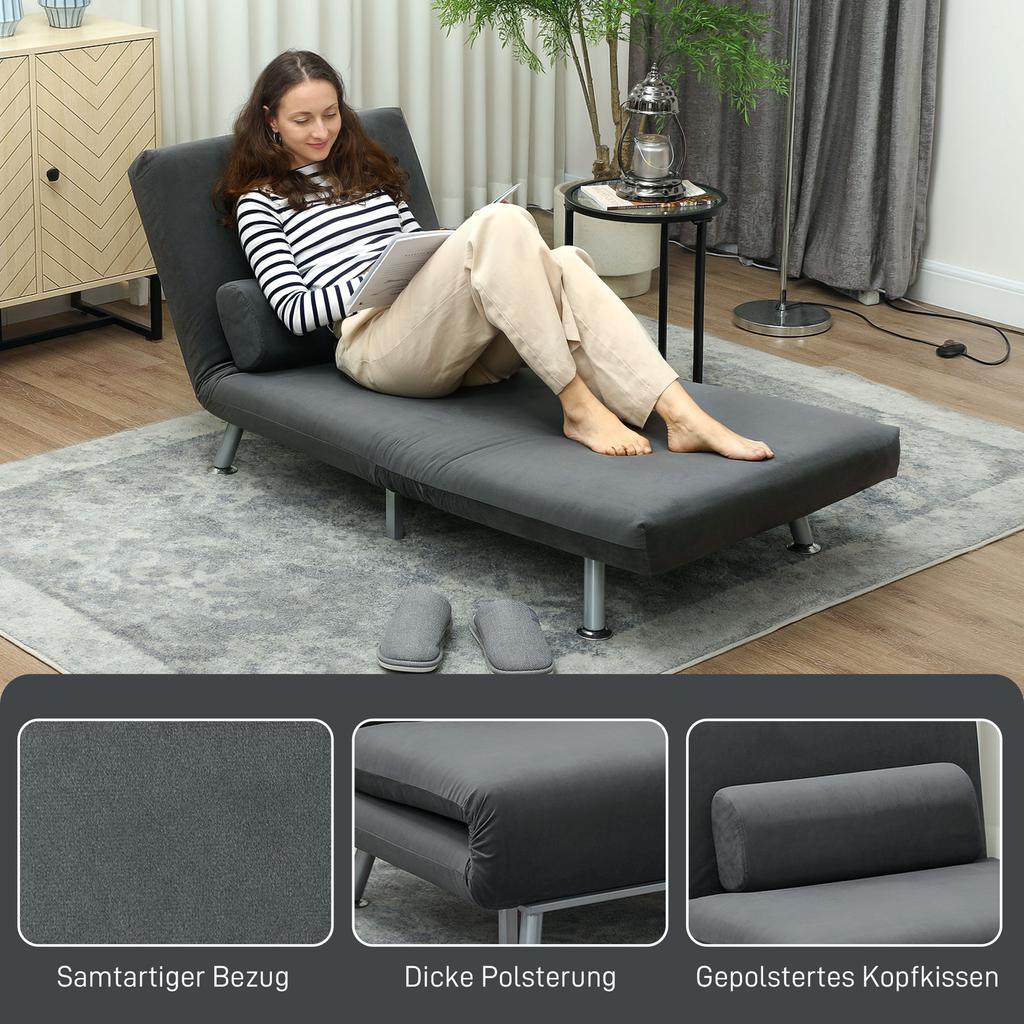 Folding Chair With Bed Function Foldable Recliner In Velvet Fabric Adjustable Backrest 75 X 70 X 75 Cm Dark Gray
