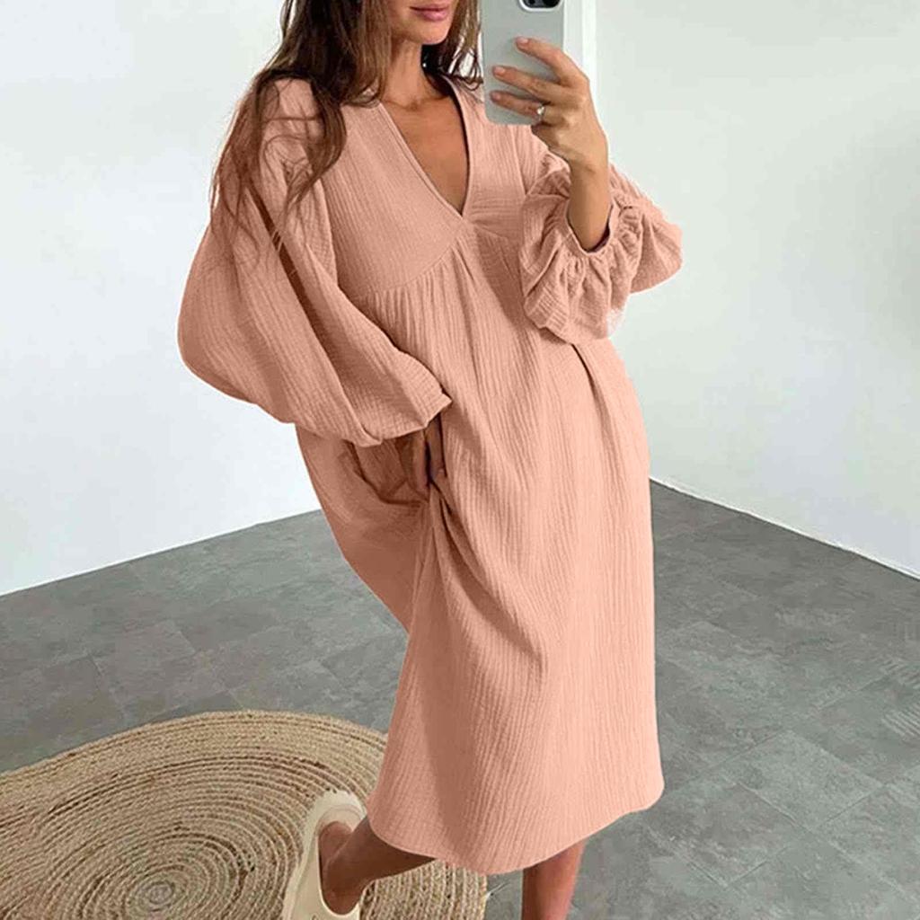 Ladies Casual Living Solid Pocket V Neck Pleated Dress Puff Sleeve Long Sleeve Cotton Dressy Fit Dress