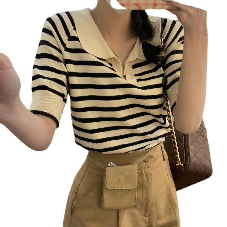 Ленивый Ветер Полосатый Пуловер с V-образным вырезом Женский Летний Сто Свободный Короткий Рукав Вязаная Рубашка Топы Повседневный Базовый Комфортный Стиль Приталенный Пуловер Футболки