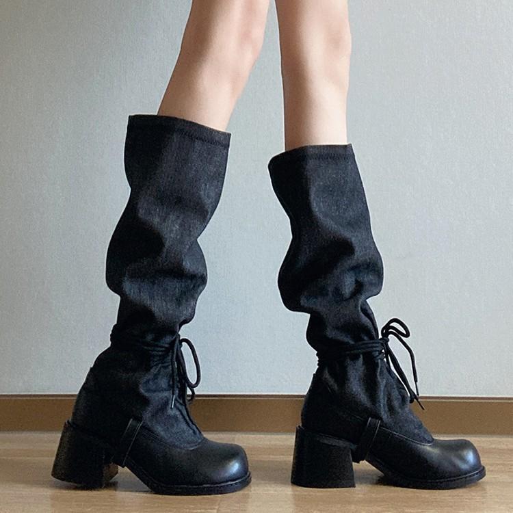 2025 New Black Western Cowboy Boots Women's Round Head Pleated Stacking Boots Wide Tube Thin Strap Thick Heel Boots