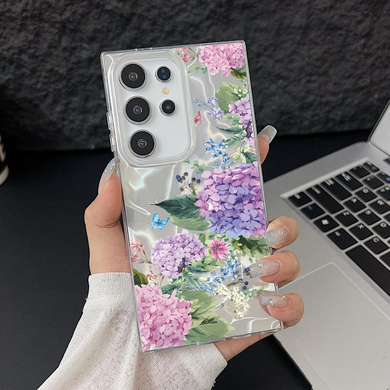 Тонкий чехол для телефона с цветочным узором и перьями для Samsung S25 Ultra S24 FE S23 A56 A36 A16 A55 TPU, ударопрочный, с мягким краем, блестящий, жесткий, из поликарбоната, задняя крышка