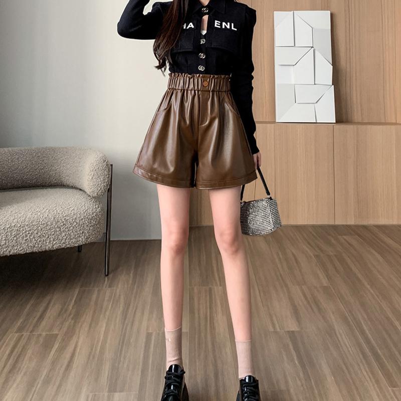 Кожаные брюки, шорты, женские модные свободные брюки трапециевидной формы с высокой талией и широкими штанинами