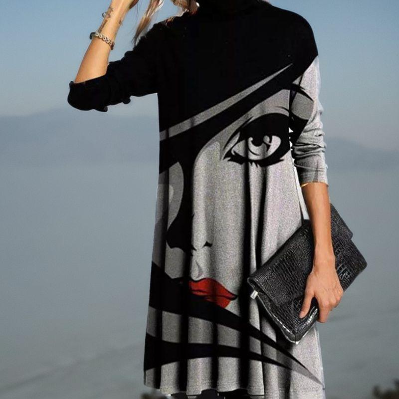 Зимняя водолазка, теплая винтажная женская одежда с принтом, элегантные лоскутные платья с длинными рукавами, женские повседневные свободные платья
