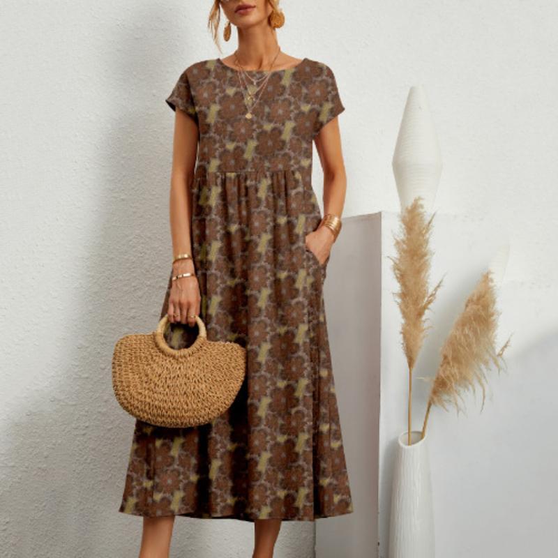 Новая мода Свободное хлопково-льняное платье Женское летнее платье с коротким рукавом и круглым вырезом с принтом Женские элегантные винтажные повседневные платья Lady 24195