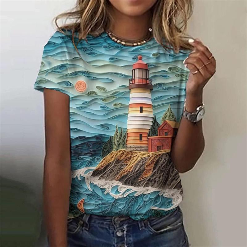 Футболка с изображением маяка в 3D-принте с изображением ночной сцены для женщин, летние повседневные футболки в стиле Харадзюку с короткими рукавами и круглым вырезом
