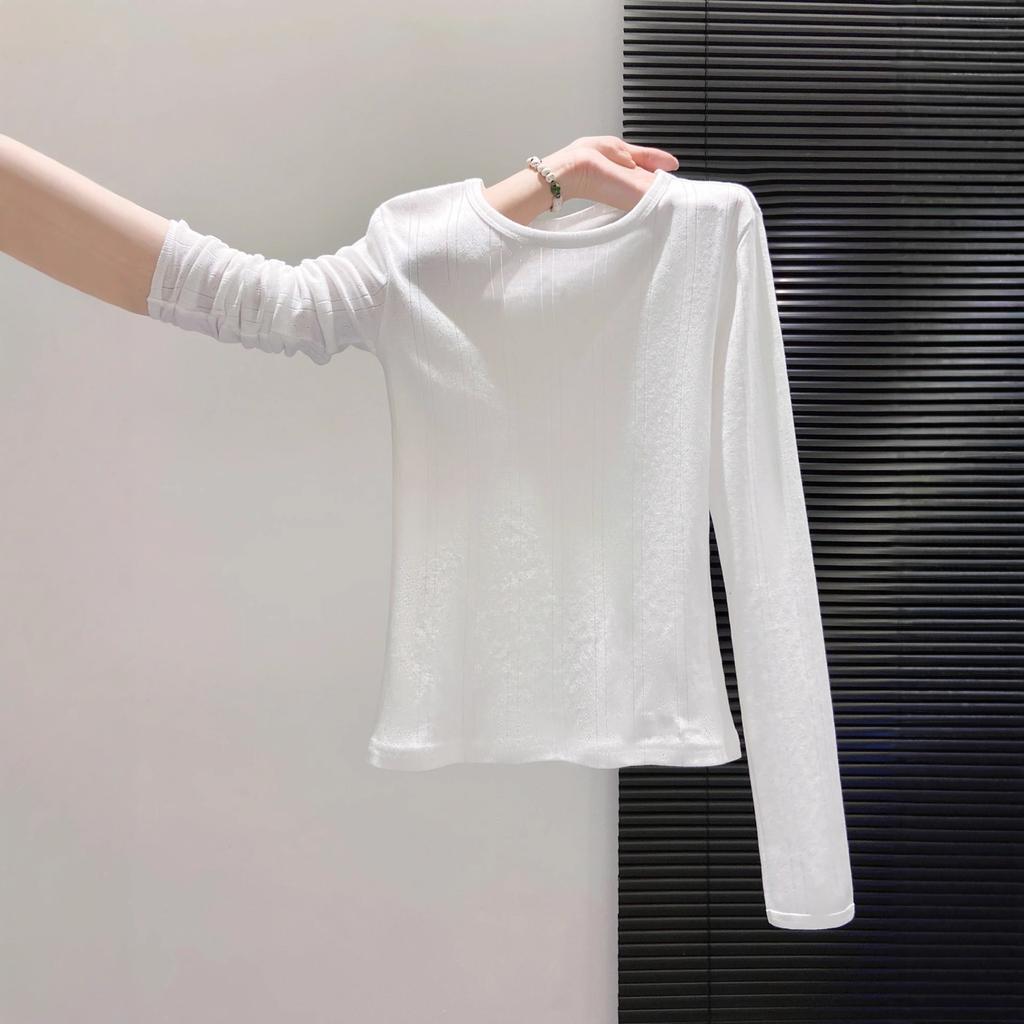 Slim and slim Spice Girl Top Autumn Slight Transparent Crew Neck Jacquard Texture Long Sleeve T-Shirt Front Shoulder Bottom Shirt Women