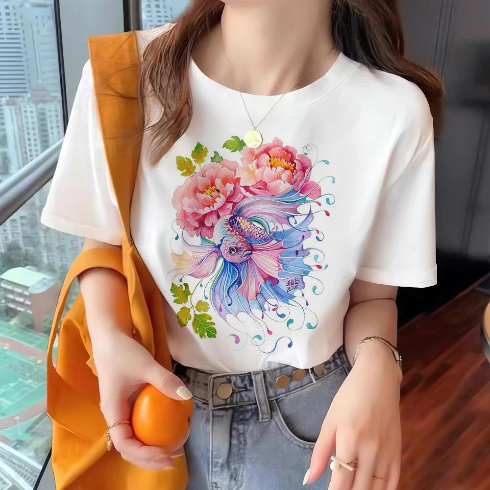 Women's Fashion T-shirt Summer Loose Short Sleeved Fish Pattern Clothing Round Neck Casual Top Trendy Printed Women's T-shirt