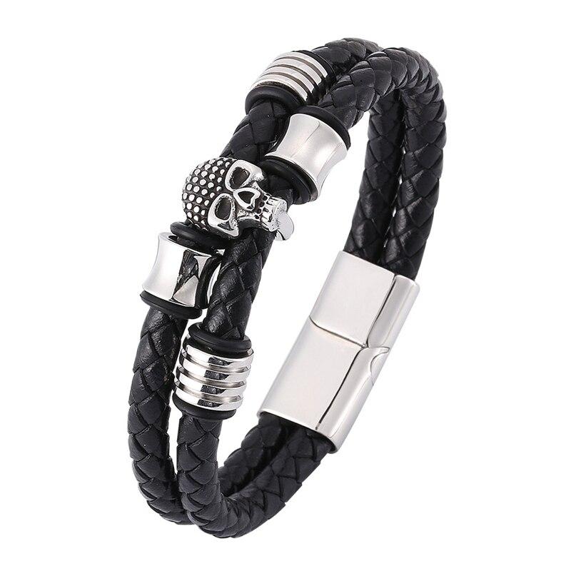Bracelet Punk Men Braided Genuine Leather Bracelet Homme Femme Mens Bracelets Handmade Skull Jewelry Bangles Gift