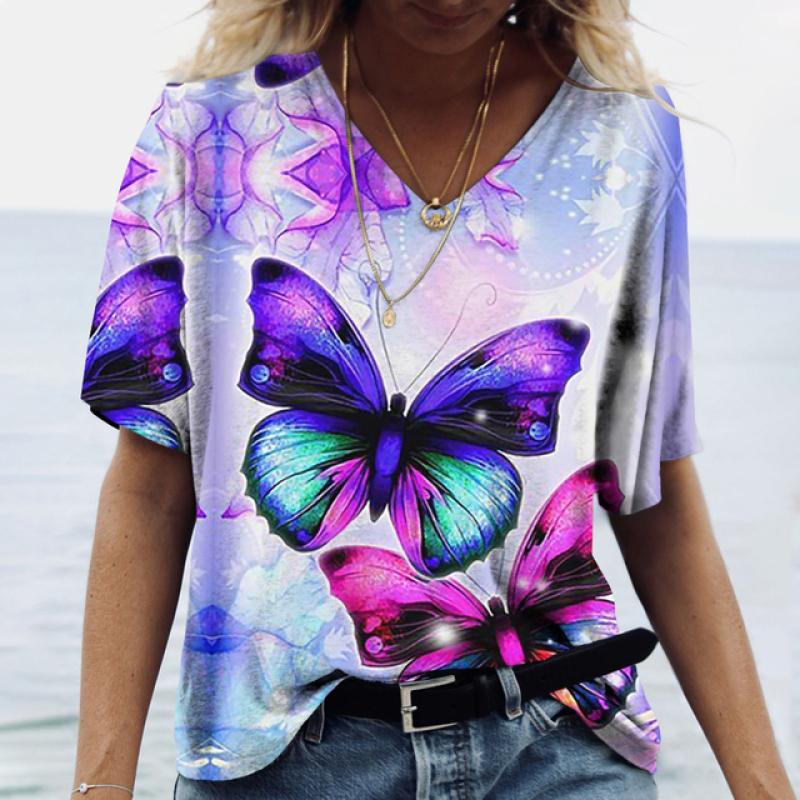 Женские футболки с v-образным вырезом, модные футболки с цветочным рисунком, летние короткие женские топы с принтом, повседневные футболки в стиле Харадзюку 5XL