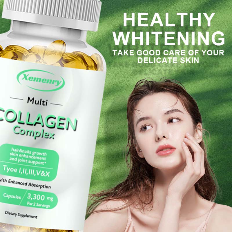 Unisex complex collagen capsules, supporting skin health, hair and nail growth, and joint health. Non-GMO, 120 capsules.