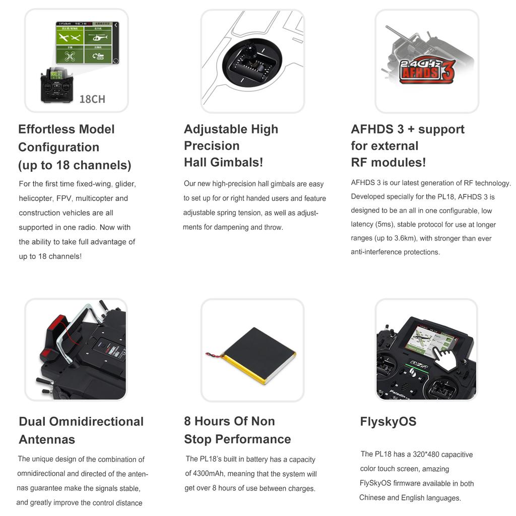 Flysky Paladin PL18 2.4G 18CH Radio Transmitter with FS FTr10 FTr16S Receiver HVGA 3.5 Inch TFT Touching Screen for RC