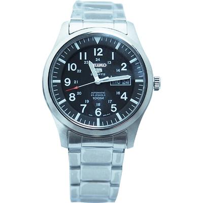 Мужской SNZG13K1 (Seiko5 Sports SS Браслет 10atm BK/A Мужской) Круглые часы из серебристого нержавеющего металла