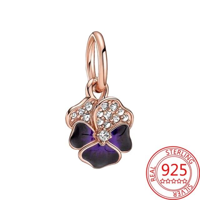 Новый Стерлингового Серебра 925 Фиолетовый Мурано Бусина Анютины Глазки Цветок Висячие Подвески Подходит Оригинальный Бренд Браслет И Ожерелье 925 Ювелирные Изделия Подарок