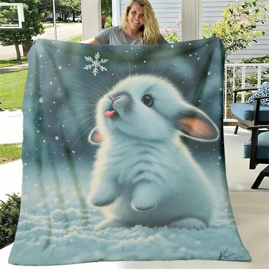 1pc Snow Bunny Print Plush Blanket, Warm Flannel Throw Suitable for Living Room, Bedroom, Sofa, Picnic, Camping, AllSeason Use, Gift, Wedding Gift, Bi