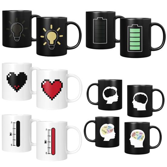 330 мл керамическая кружка с изменением цвета, термометр в форме сердца, лампочка для мозга, кружка для кофе, чая, температура цвета