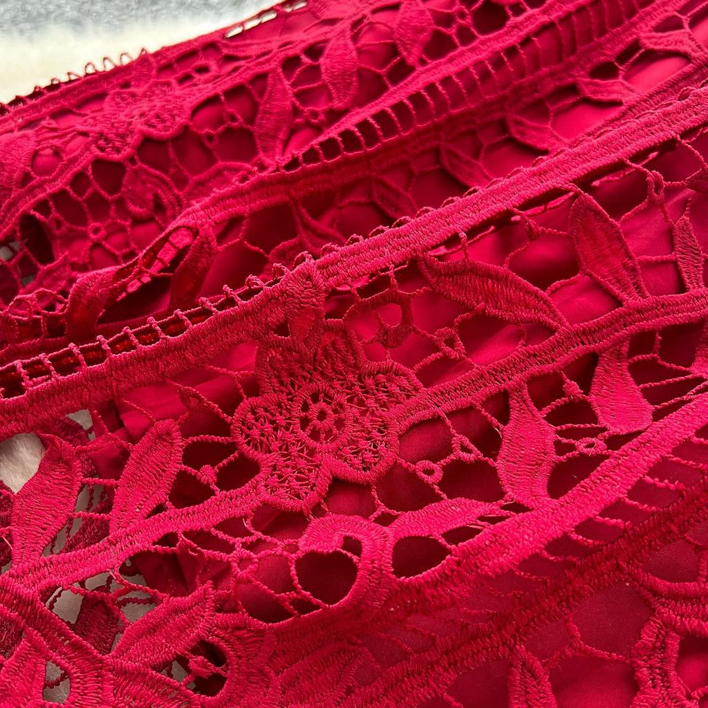 France Vintage Hollow Out Evening Dress Women Sashes V-Neck Flare Sleeve Crochet Elegant Dress Female Casual Chic Clothing