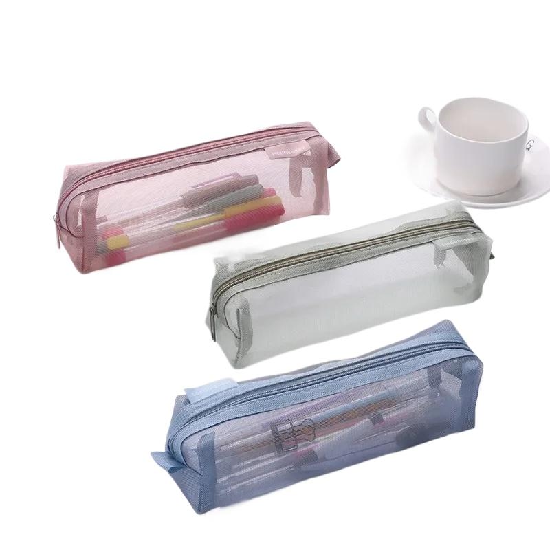 Translucent Simple Mesh Pen Bag Student Exam Stationery Bag Large Capacity Portable Stationery Storage Bag Study Supplies